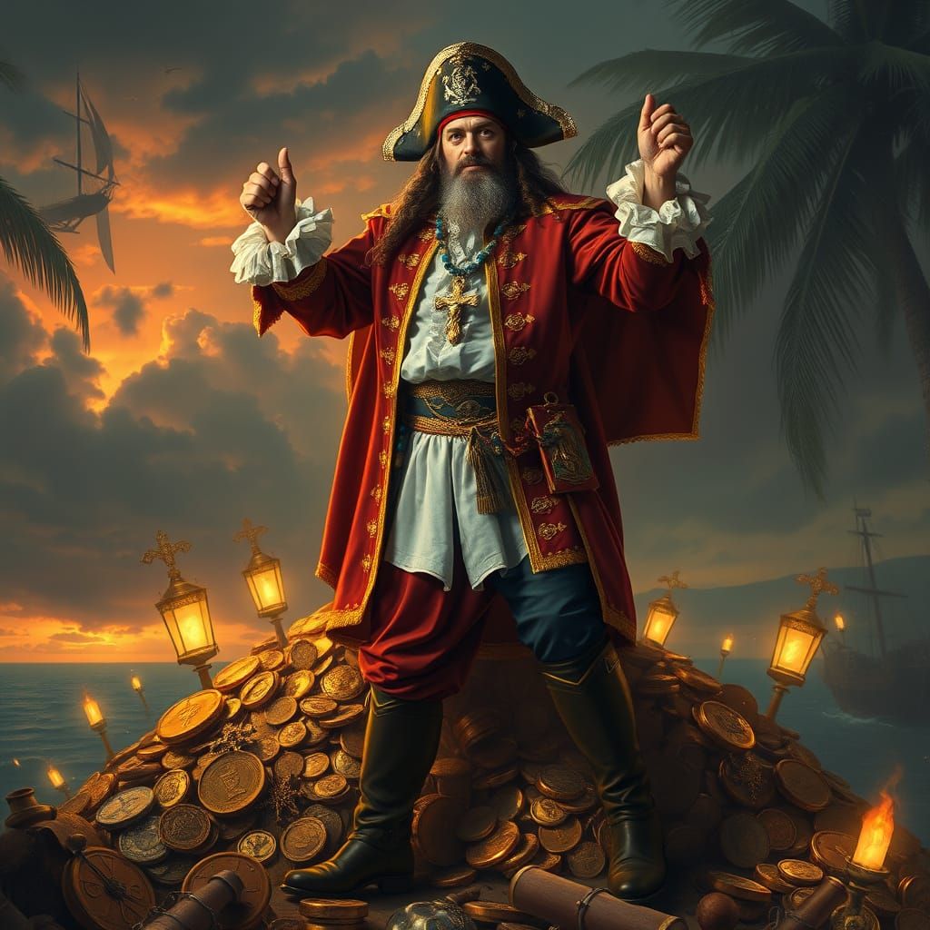 Regal Pirate Lord Amidst Golden Treasure