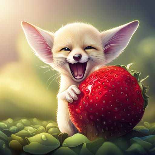 Baby Fennec's Strawberry Sneeze: Hyperrealistic Macro Shot