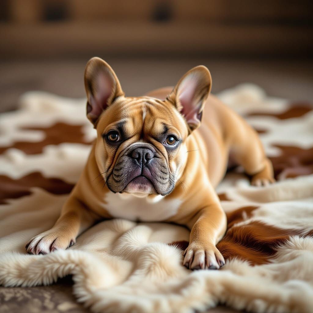 French Bulldog Resting on Cow Skin Rug