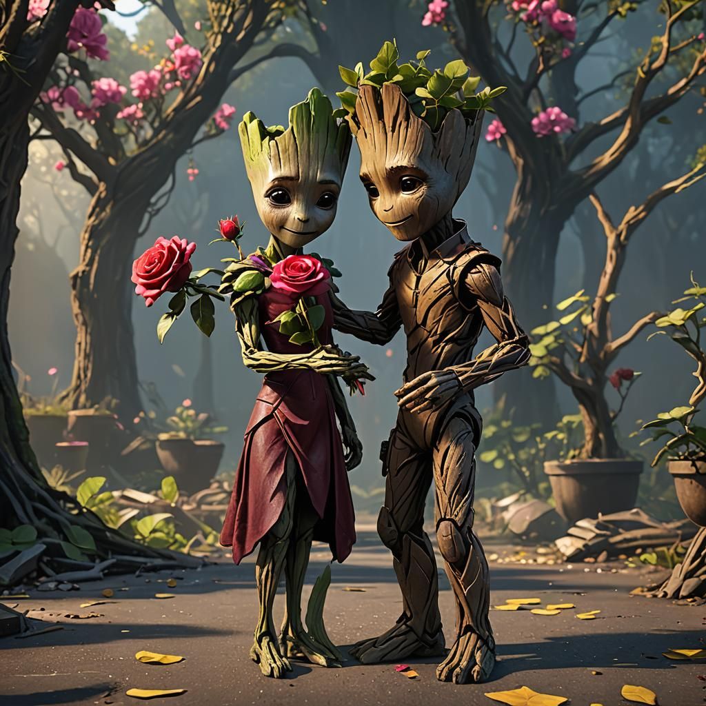 Baby Groots on a Date: Detailed Digital Painting