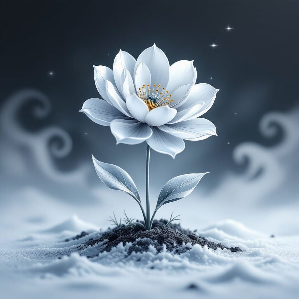 Crystal Flower Emerging from Frosty Soil in Charcoal and Gla...