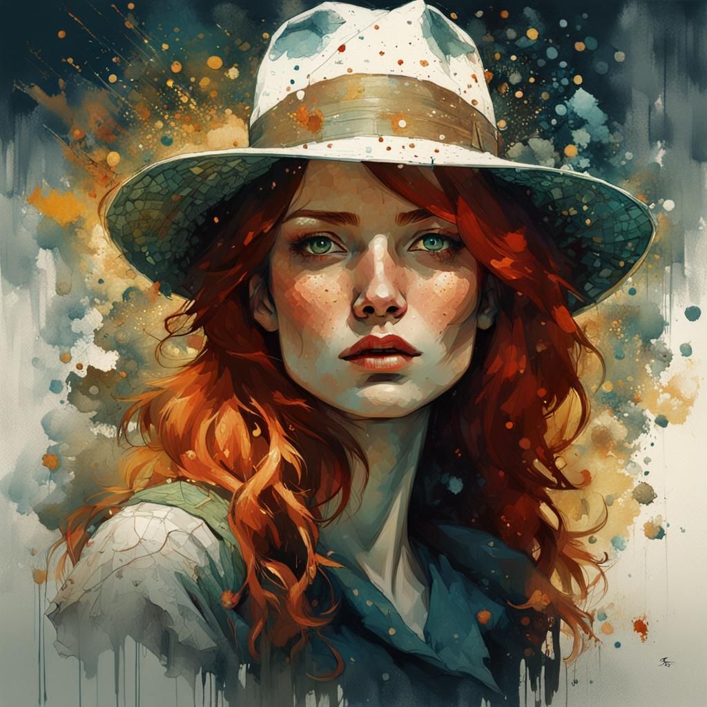 Redhead in Fedora: Digital Pointillism Portrait