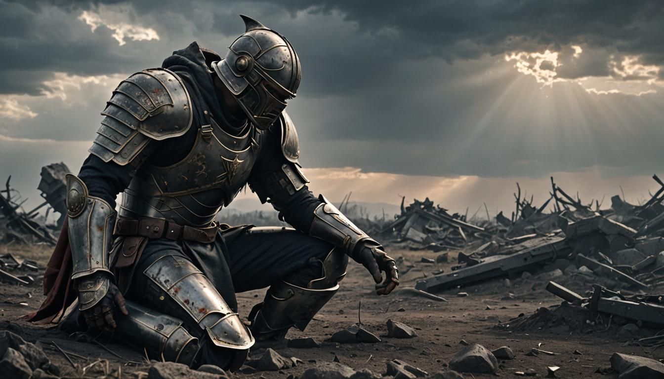 Lonely Warrior Kneels on Devastated Battlefield
