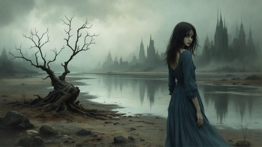 Melancholic Girl on Riverbank in Surreal Style