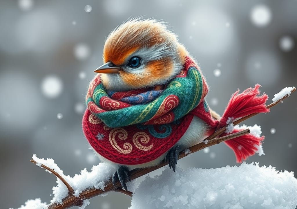 Fluffy Bird in Winter Scarf, Whimsical Art
