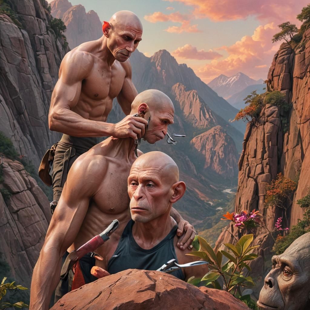 Noseless Man Grooming Monkey in Surreal Landscape