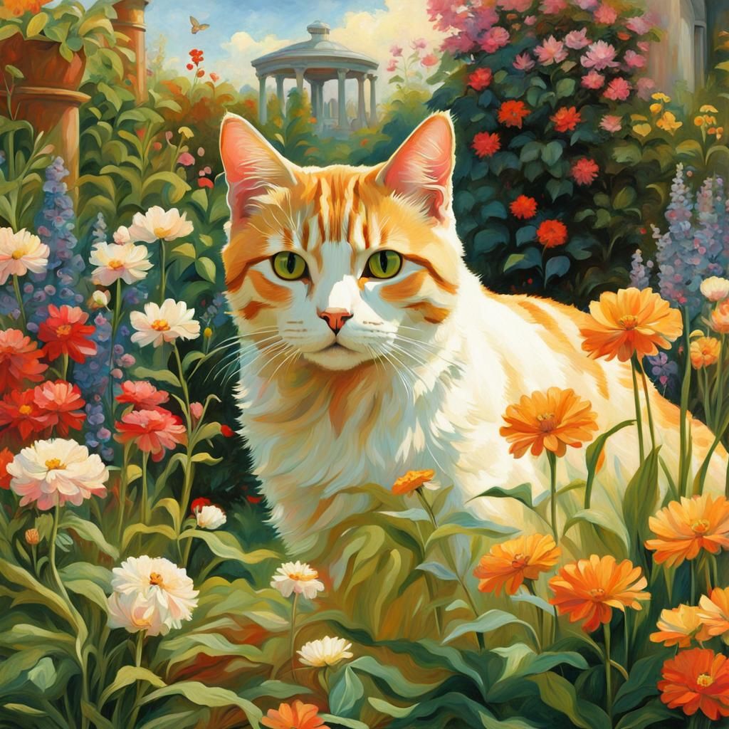 Anime Cat in Waterhouse-Inspired Garden