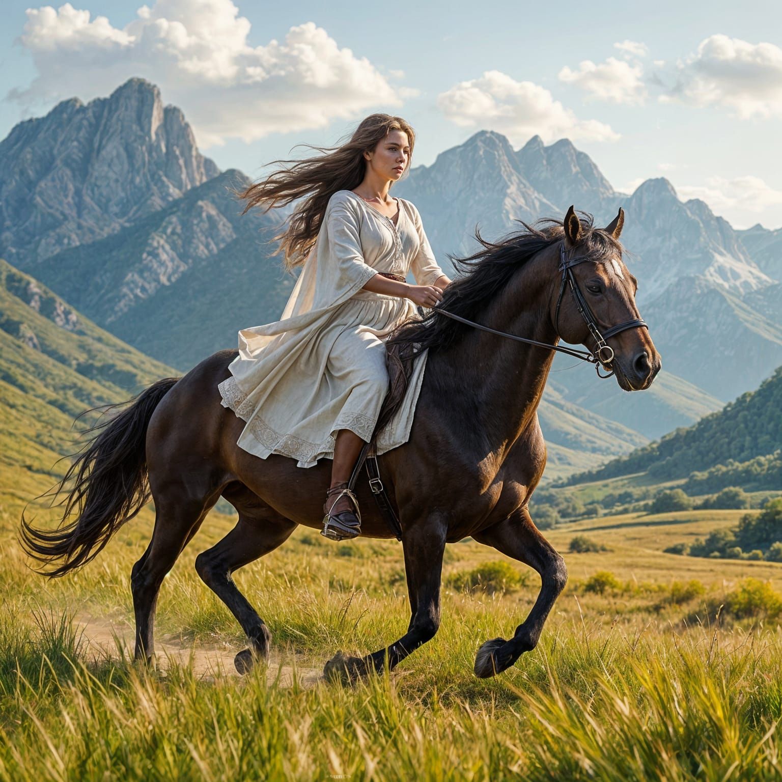 Woman Riding Horse in Ancient Greece Landscape
