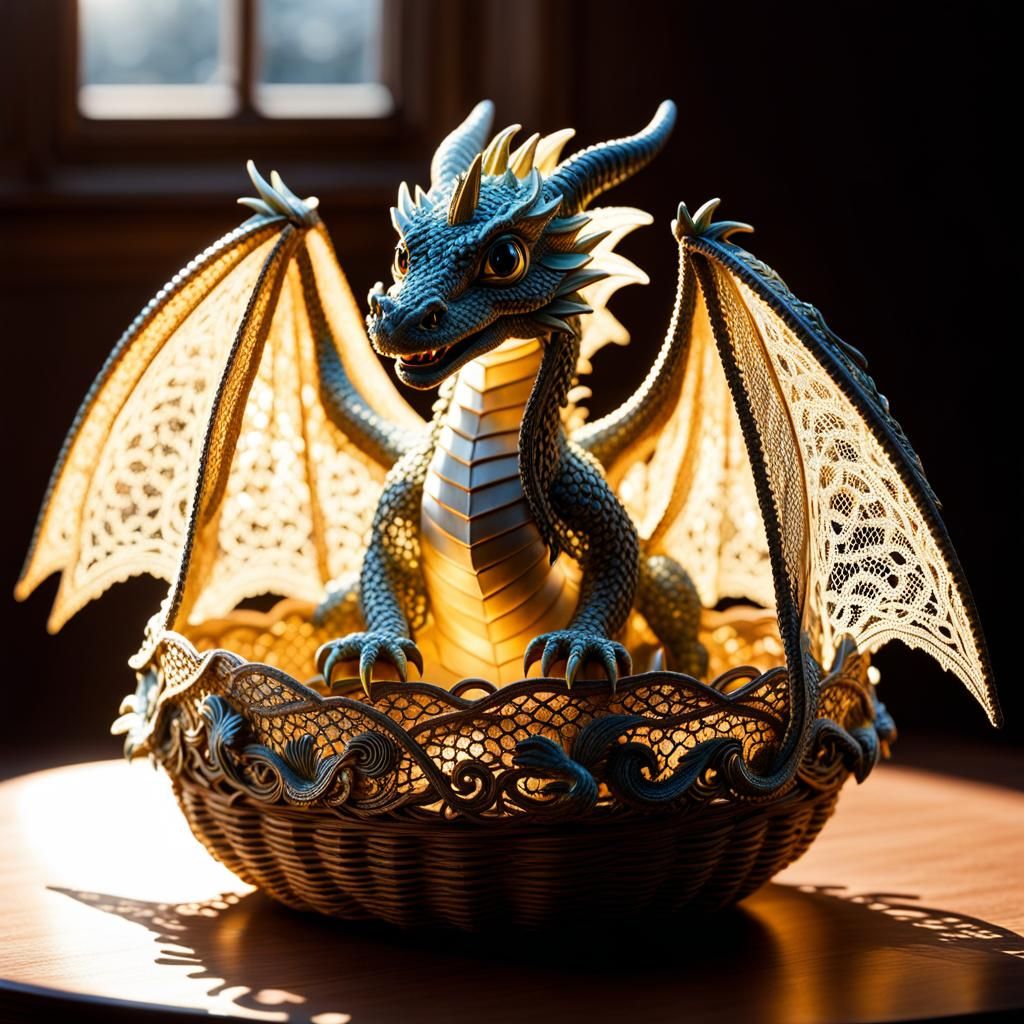 Lace Baby Dragon in Basket: Hyperrealistic Concept Art