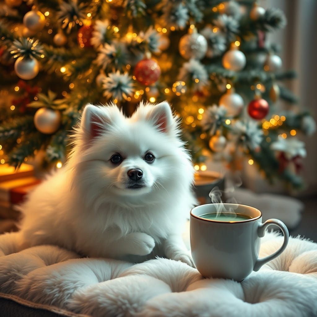 Serene White Spitz in Christmas Wonderland