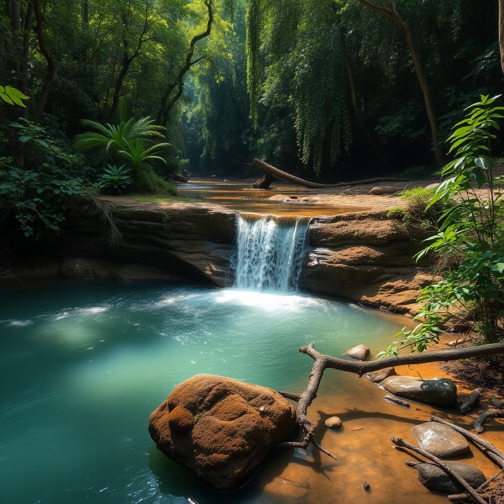 Lush Jungle Waterfall with Turquoise Pool