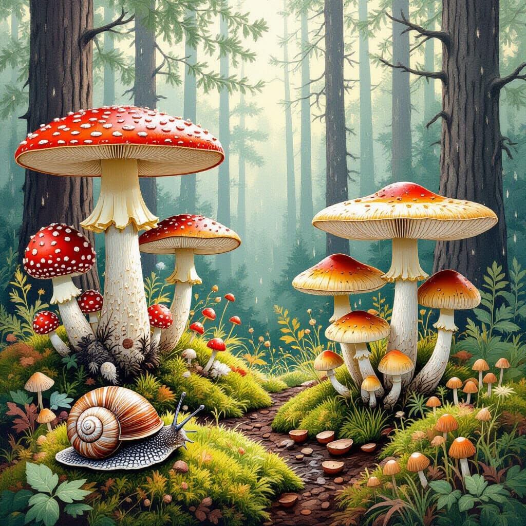 Mushroom Forest Composition in Engraving Style