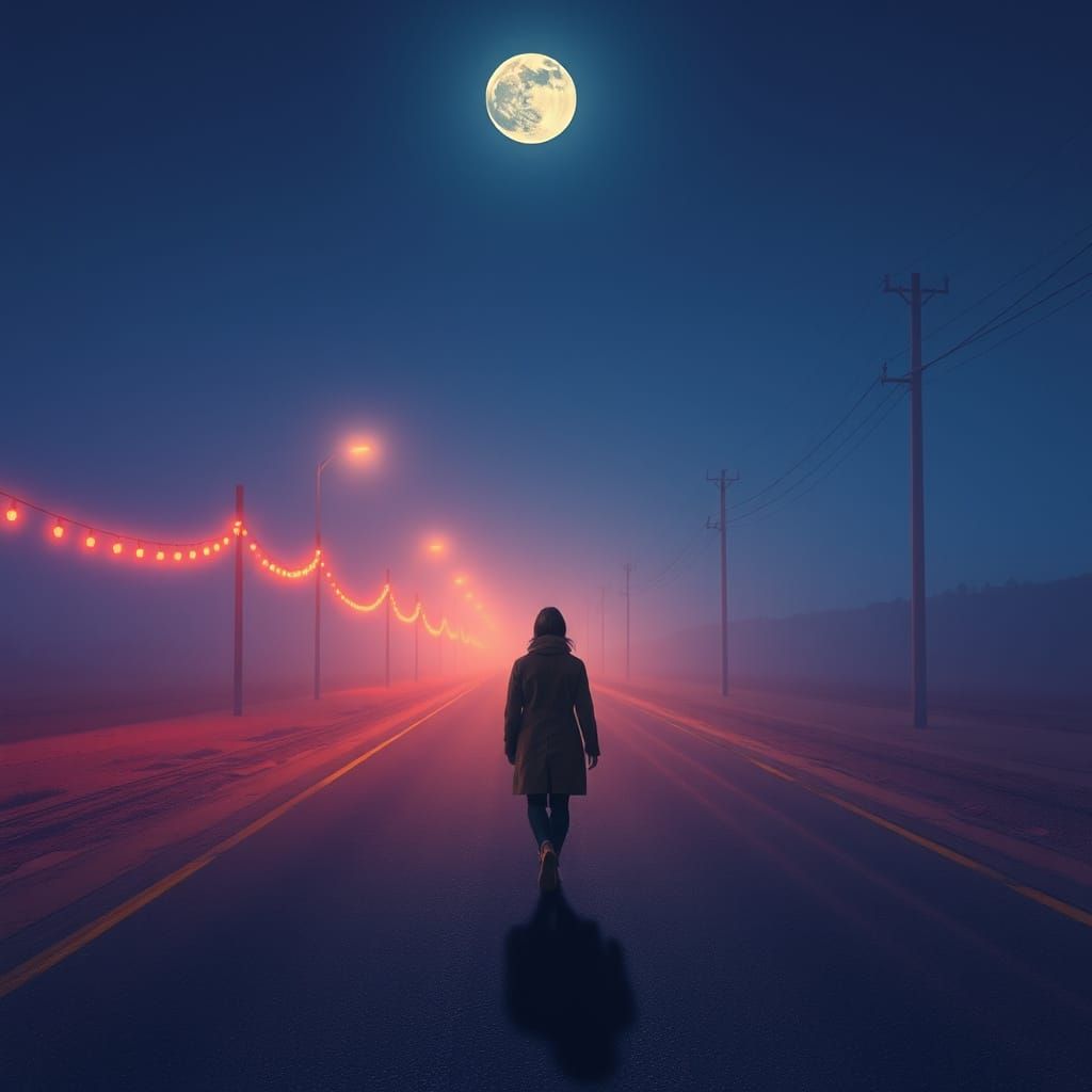 Figure Walks Under Twinkling String Lights at Night