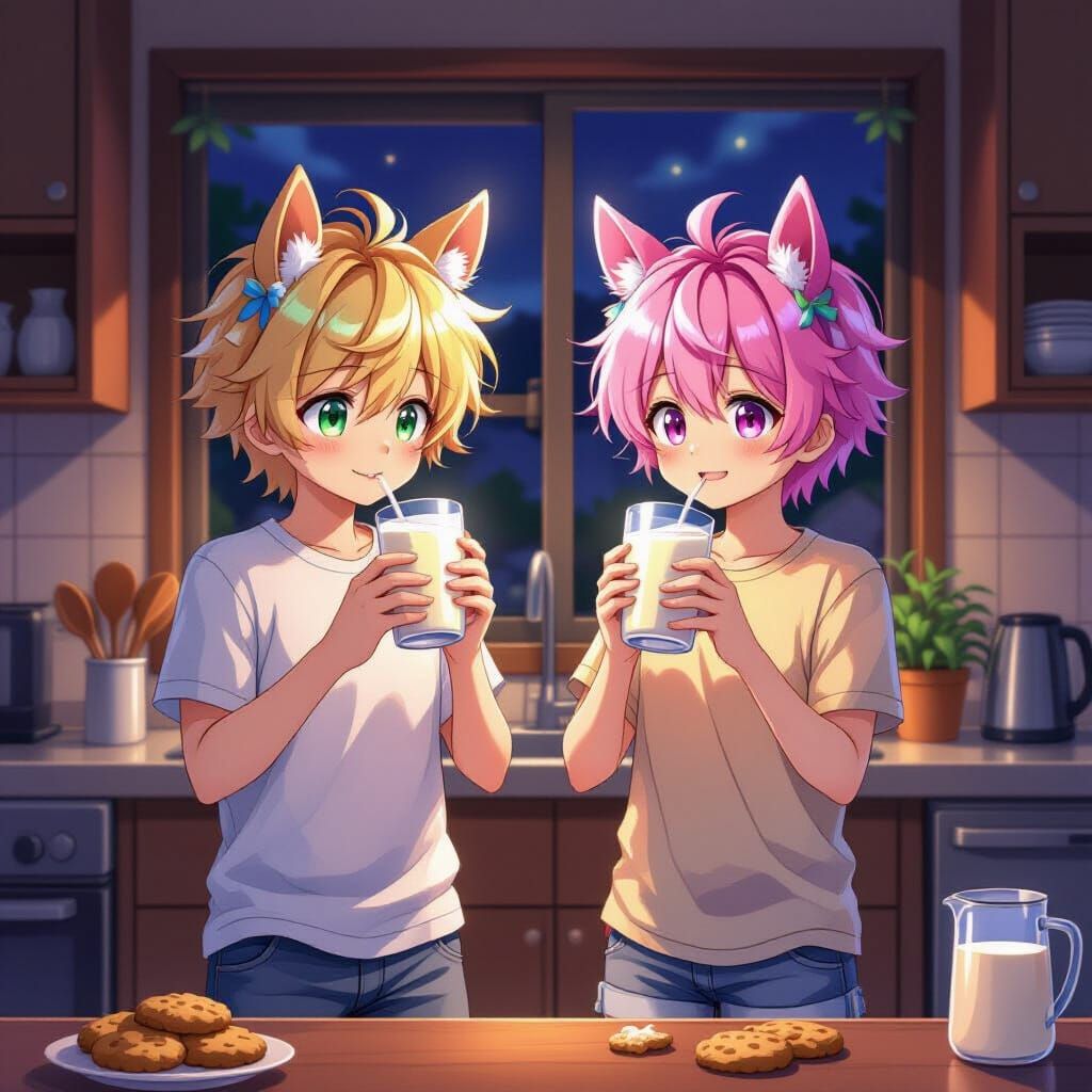 Anime Boys with Horse Ears Sipping Milk