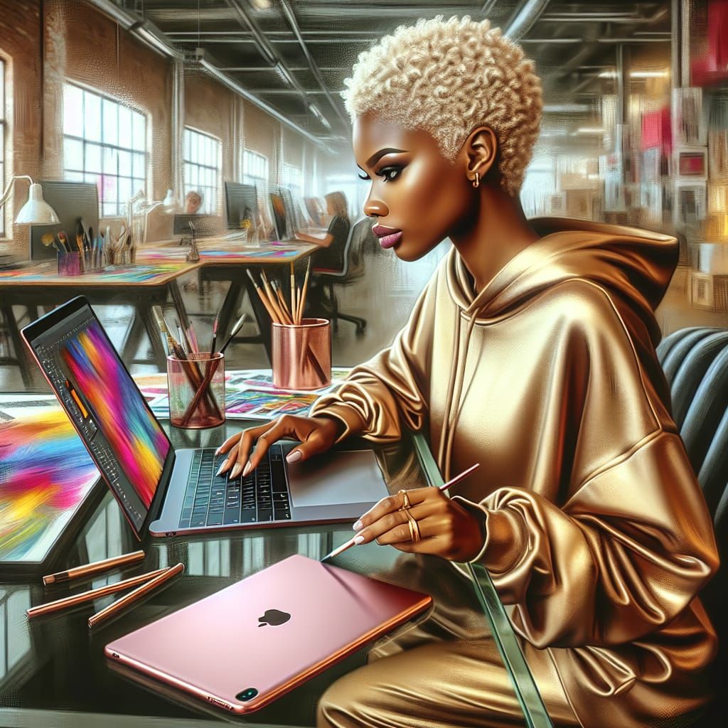 Woman in Gold Hoodie at Design Studio as Digital Oil Paintin...