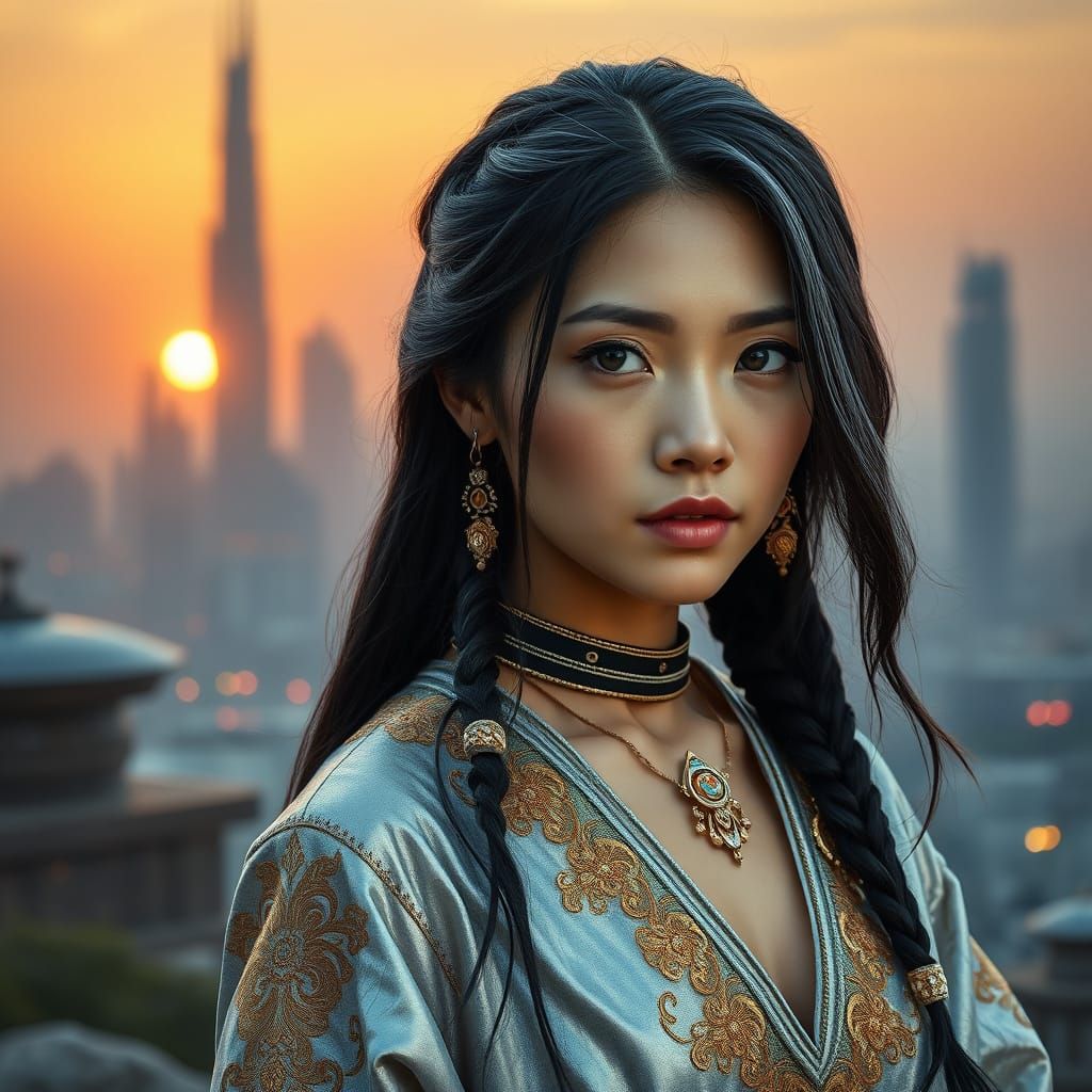 Mongolian Woman in Futuristic Cityscape, Hyperrealistic Phot...