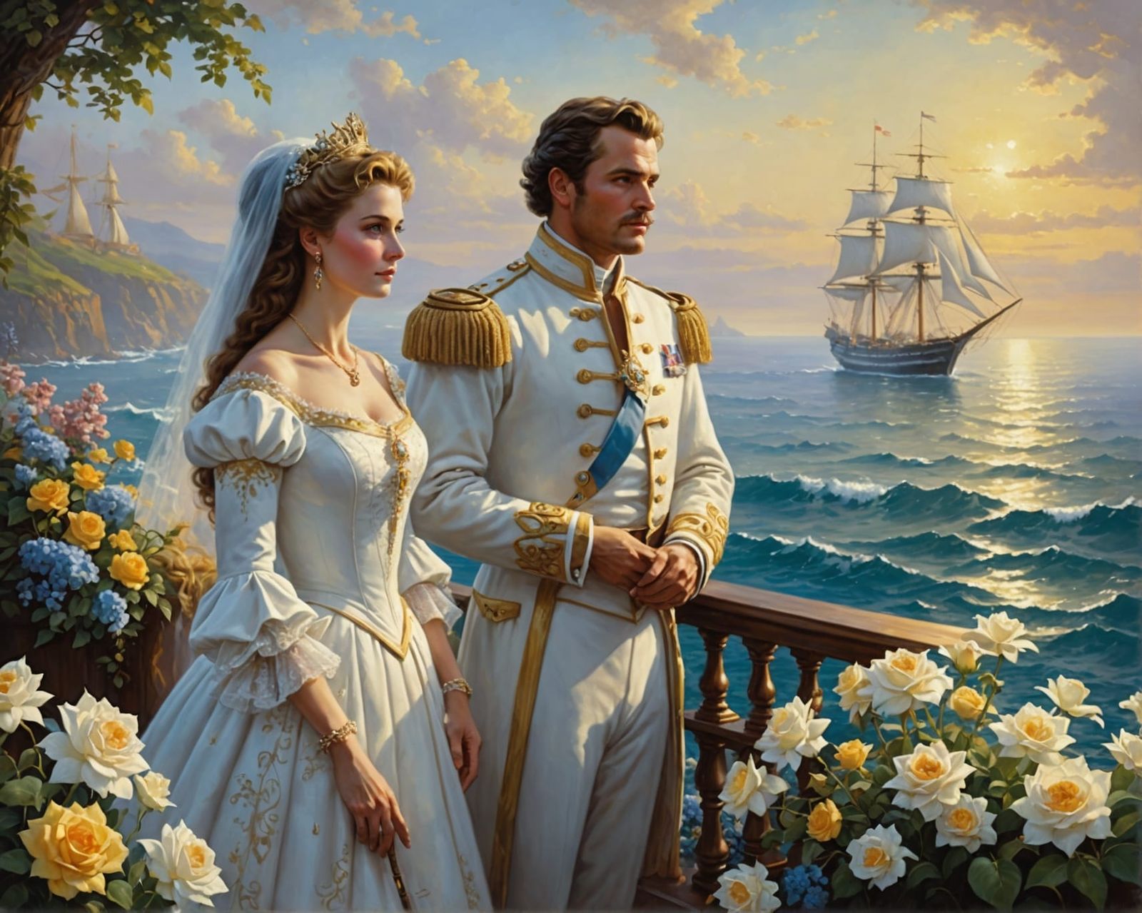 Fantasy King and Queen Overlook Ocean, Oil Painting