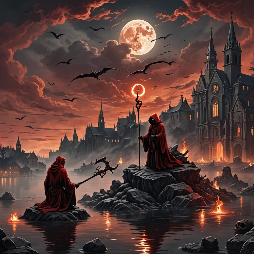 Grim Reaper in Red Robe Amidst Burning Gothic Landscape