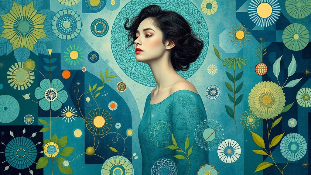 Op Art Portrait in Blue and Green Hues