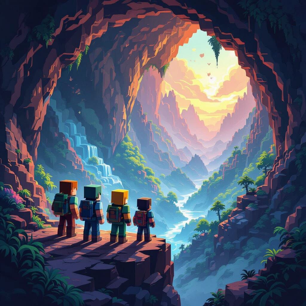 Minecraft Characters Explore Cave on Cliff Edge