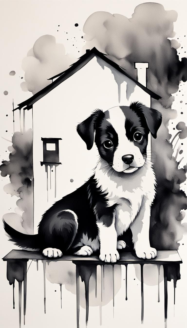 Minimalist Ink Painting of a Tiny Puppy