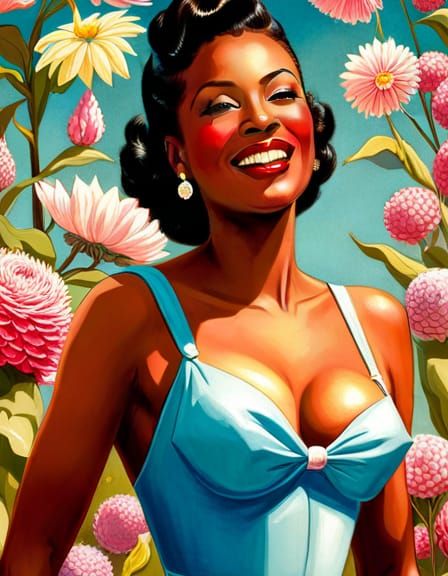 Radiant Pinup: Smiling Woman at 1940s Garden Party