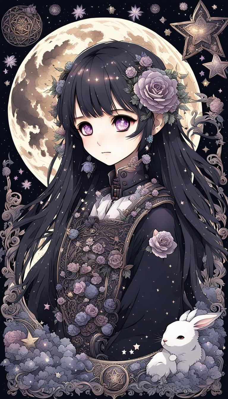 Gothic Anime Rabbit Girl with Moon and Stars