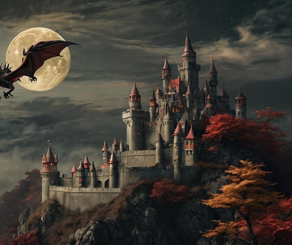 Silver Castle on Green Hill with Dragons