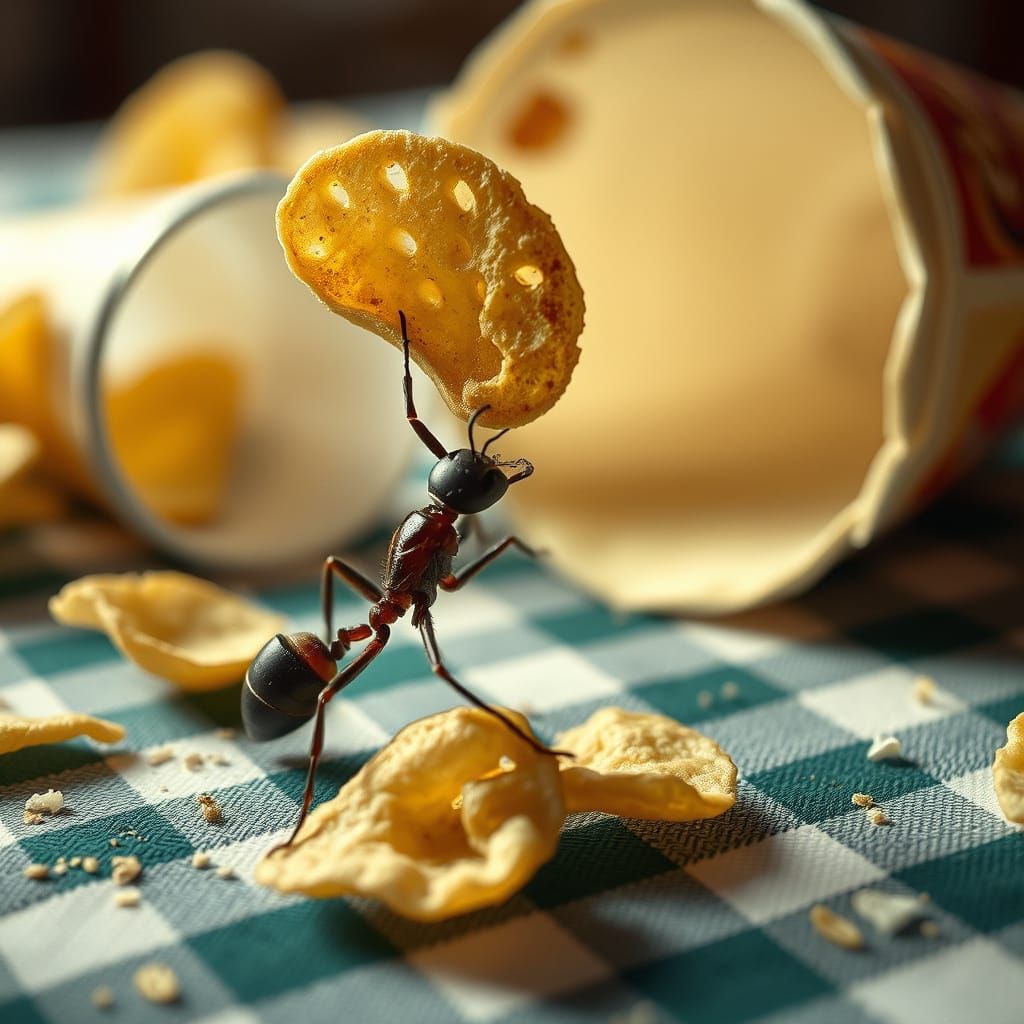 Ant Lifting Potato Chip: Macro Cinematic Still