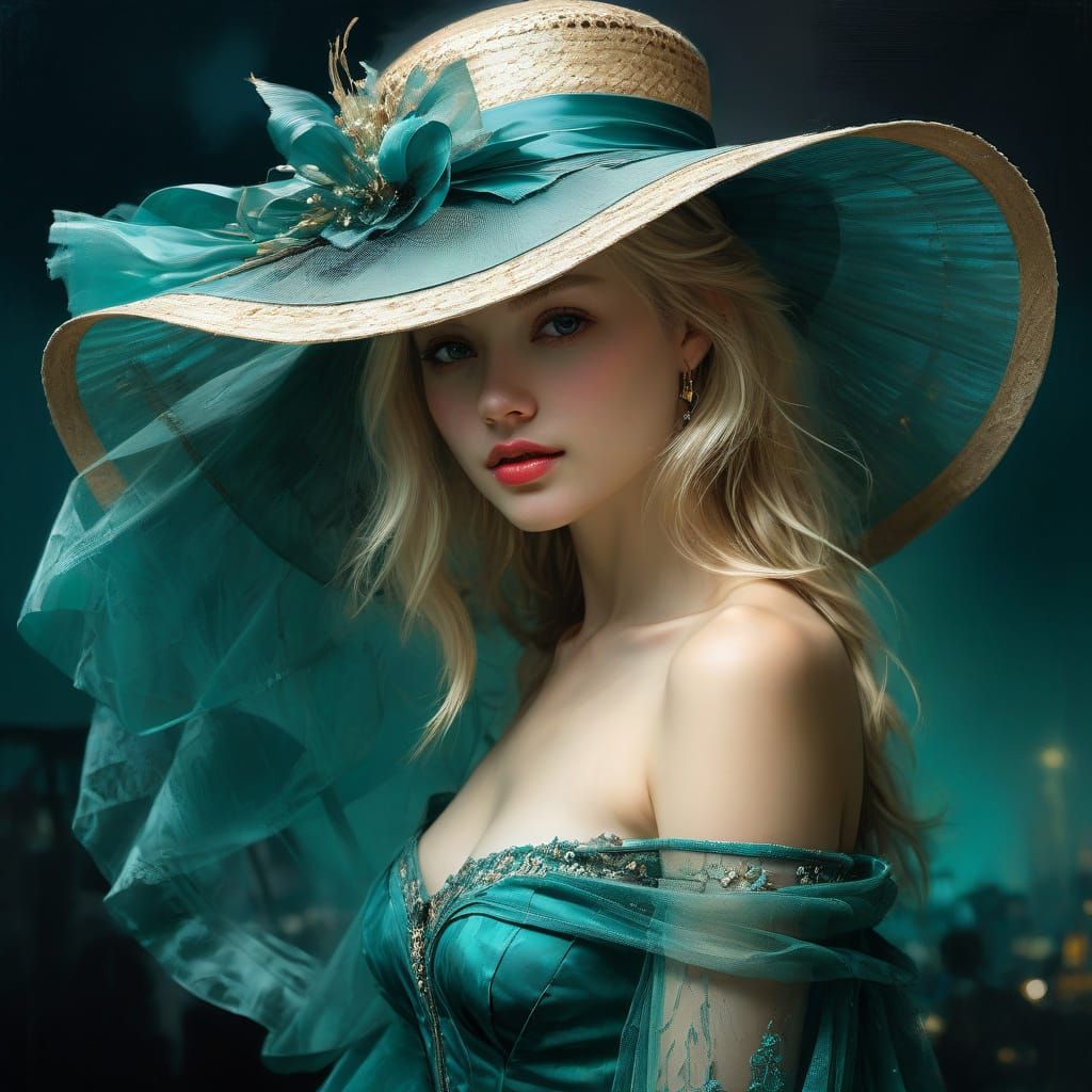 Elegant Blonde Woman in Teal Tulle Portrait