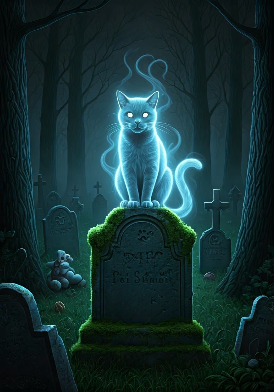 Ethereal Ghost Cat in Victorian Cemetery