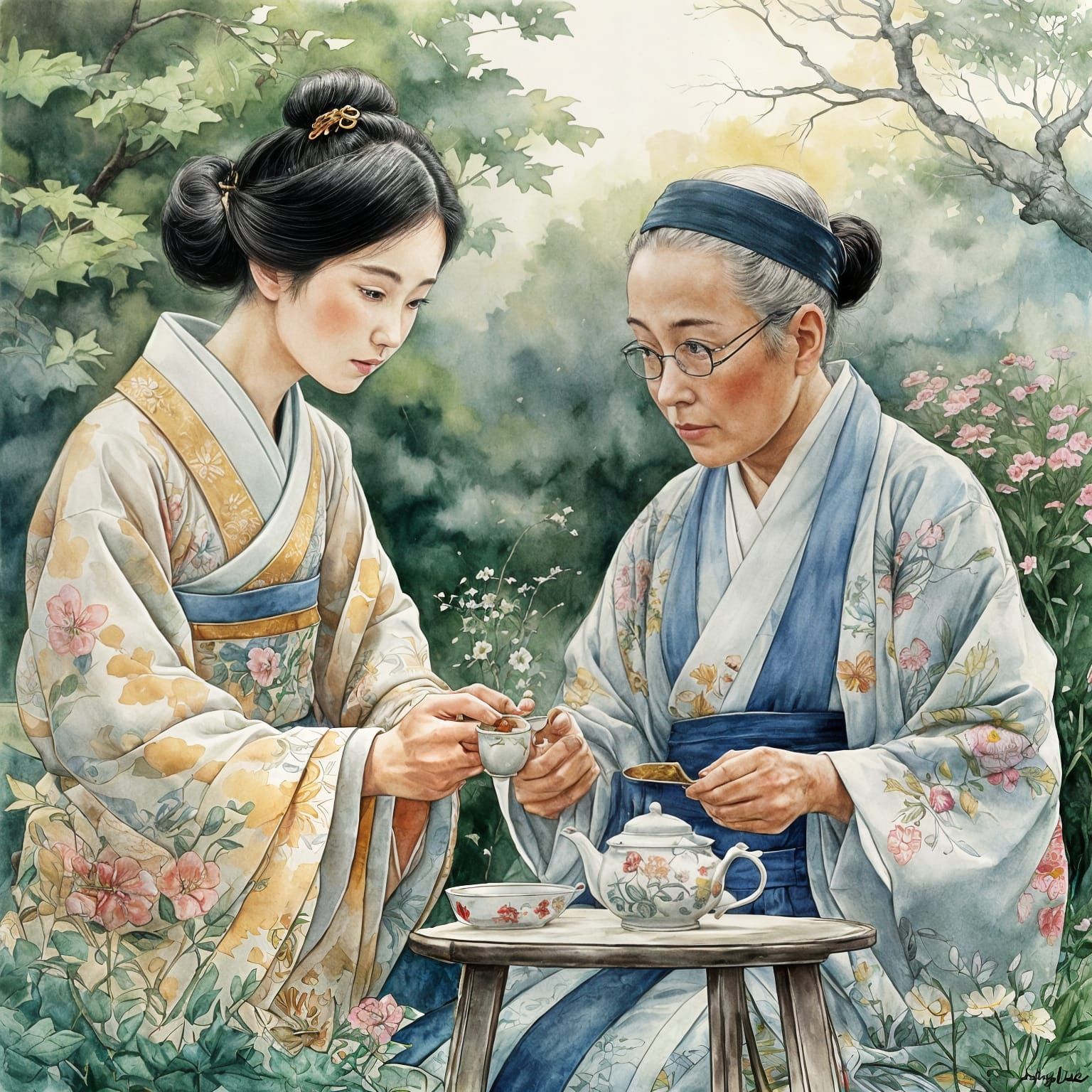 Japanese Lady Serving Tea in Watercolor Style