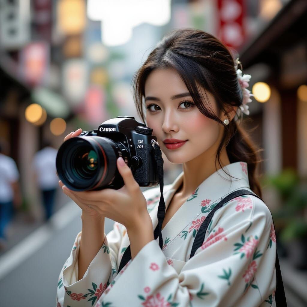 Japanese Woman With Camera on City Street