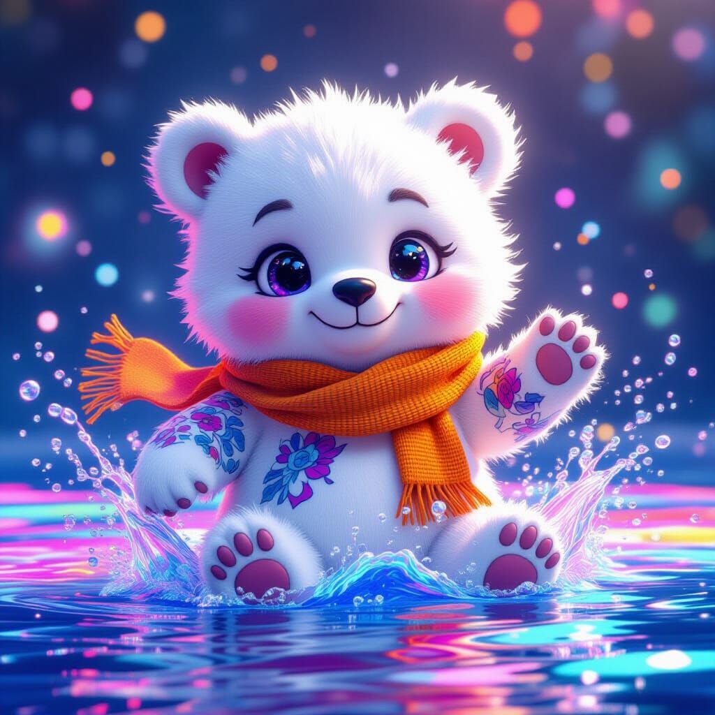 Neon Chibi Polar Bear Splashing in Rainbow Water