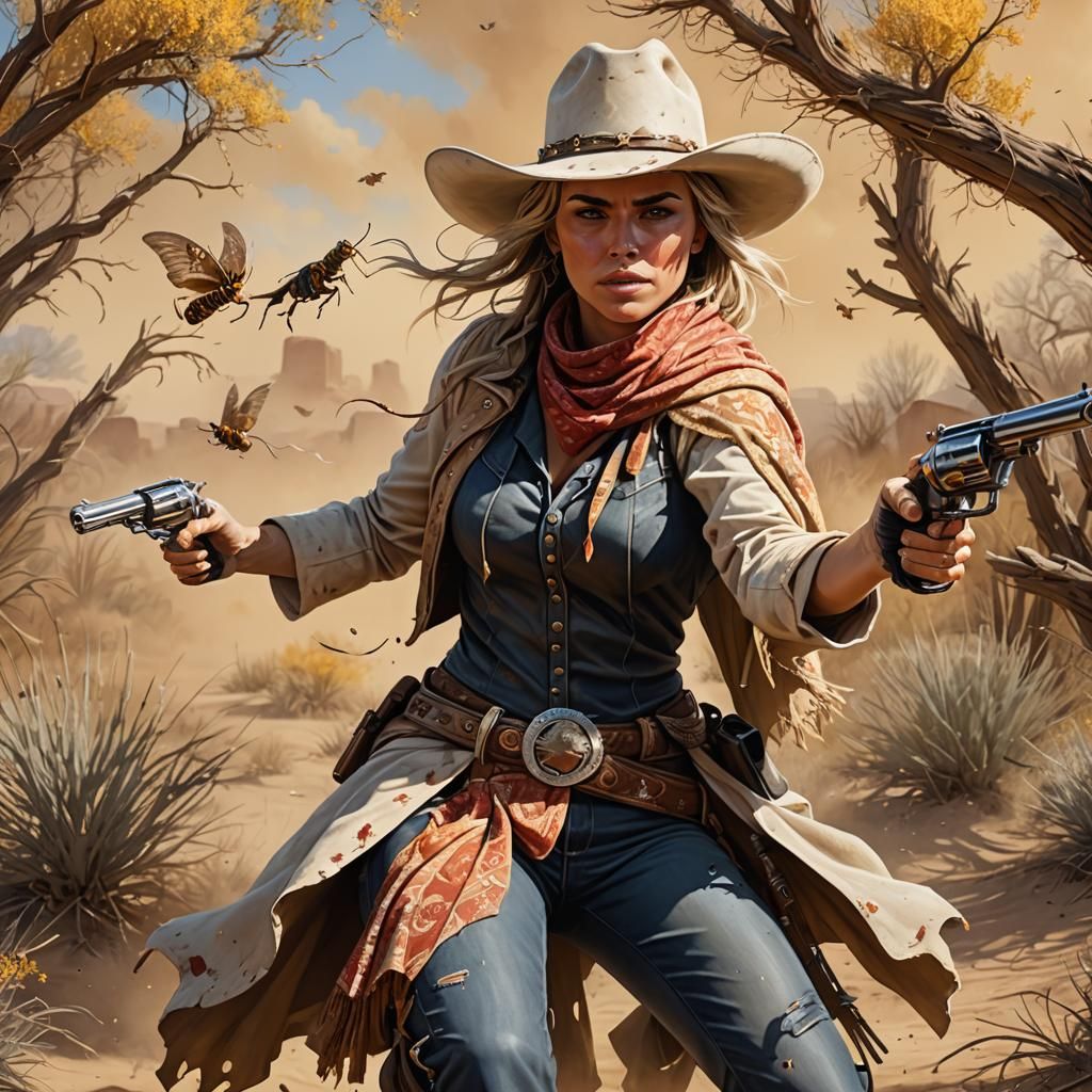 Female Gunslinger in Barren Western Landscape