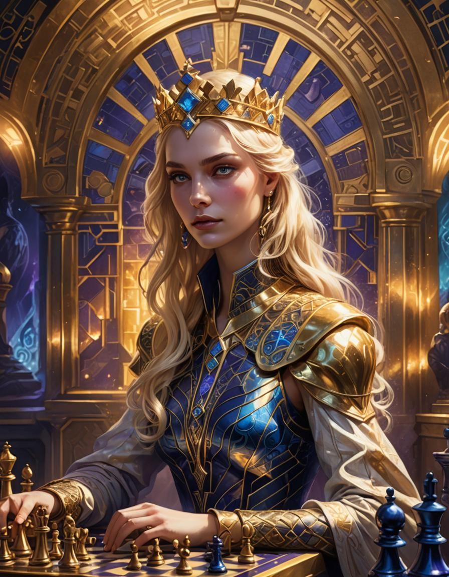 Fantasy Queen Playing Chess with Art Deco Elements