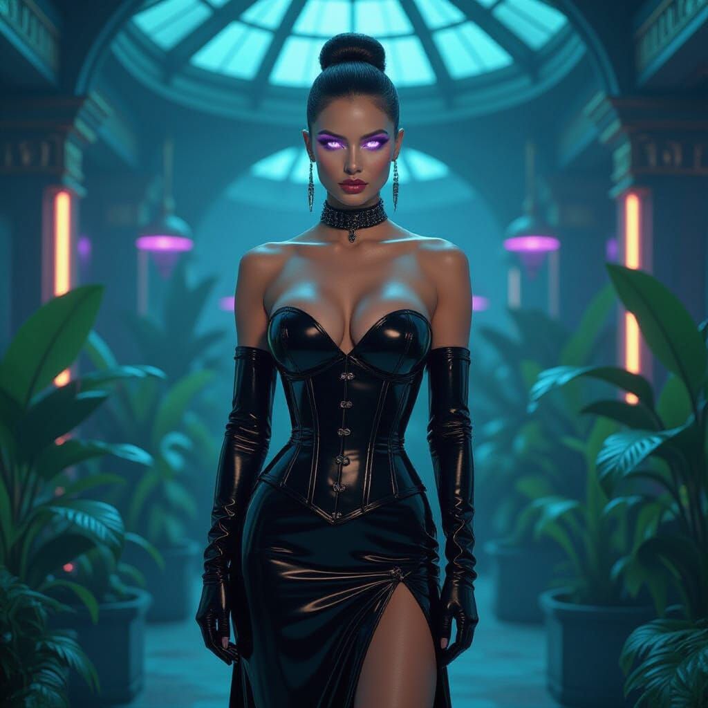 Cyberpunk Woman in Bioluminescent Solarium