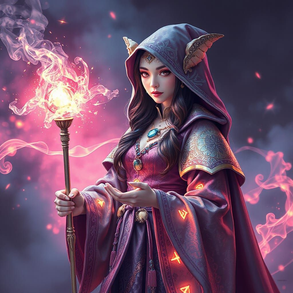 Neon Sorceress with Wand in Digital Painting Style