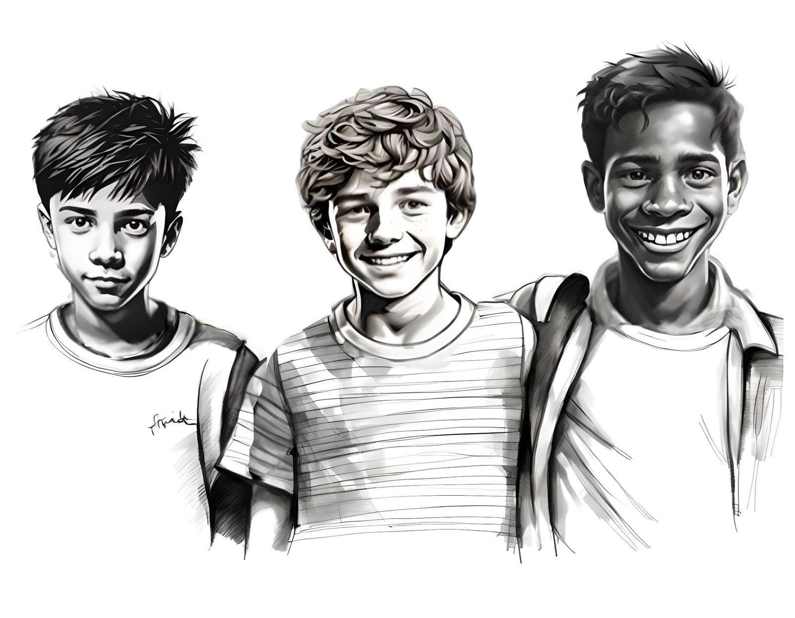 Pencil Sketch of Three Young Friends