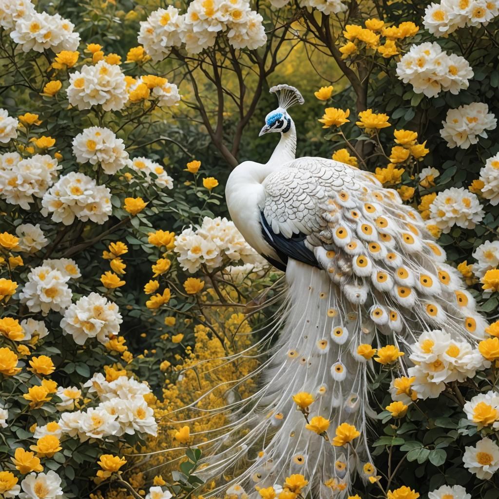 Elegant White Peacock Among Yellow Flowers