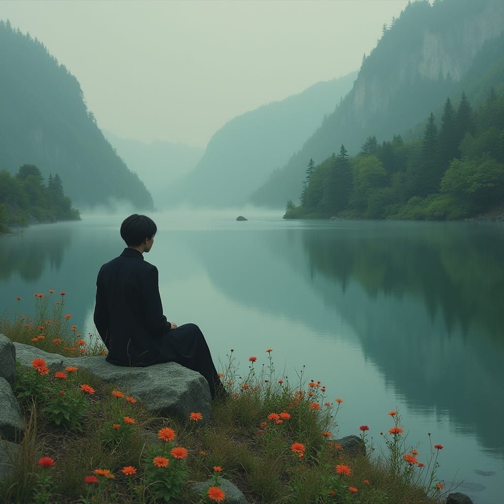 Contemplative Figure Surrounded by Serene Lake Landscape