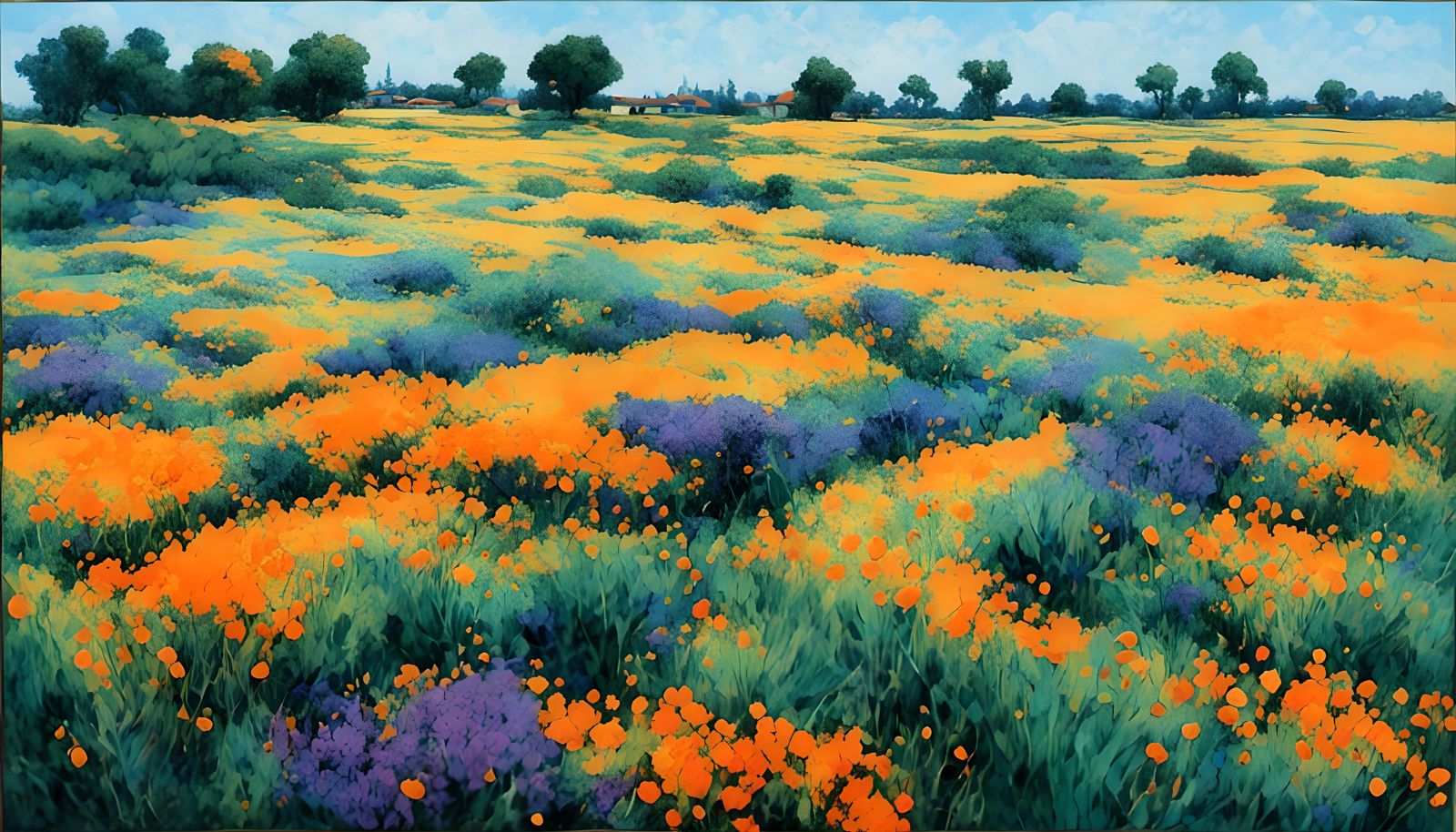 Fenland Landscape with Geometric Parallax in Pointillism