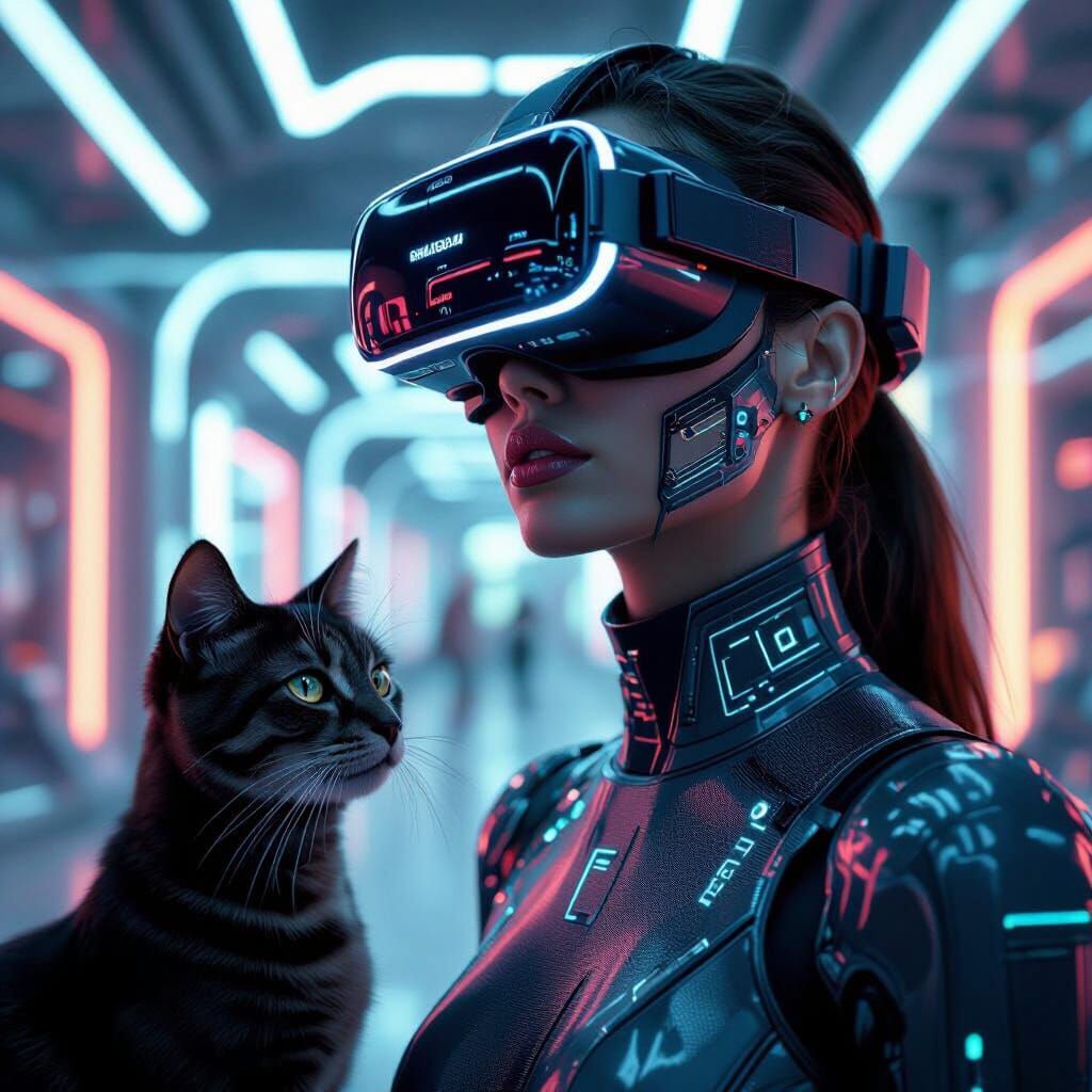 Futuristic Humans with VR, Cybernetics, and Neon Atmosphere