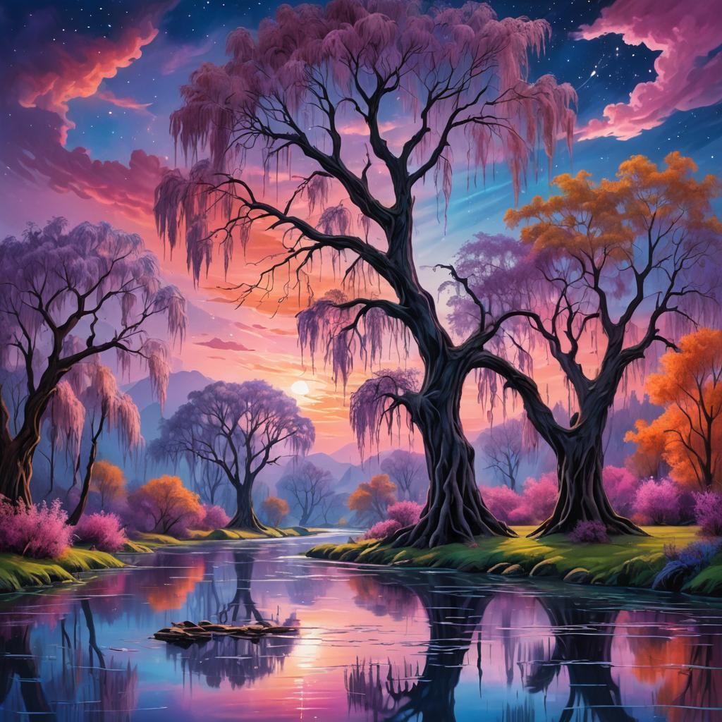 Fantasy River Scene in Vibrant Oil Painting Style