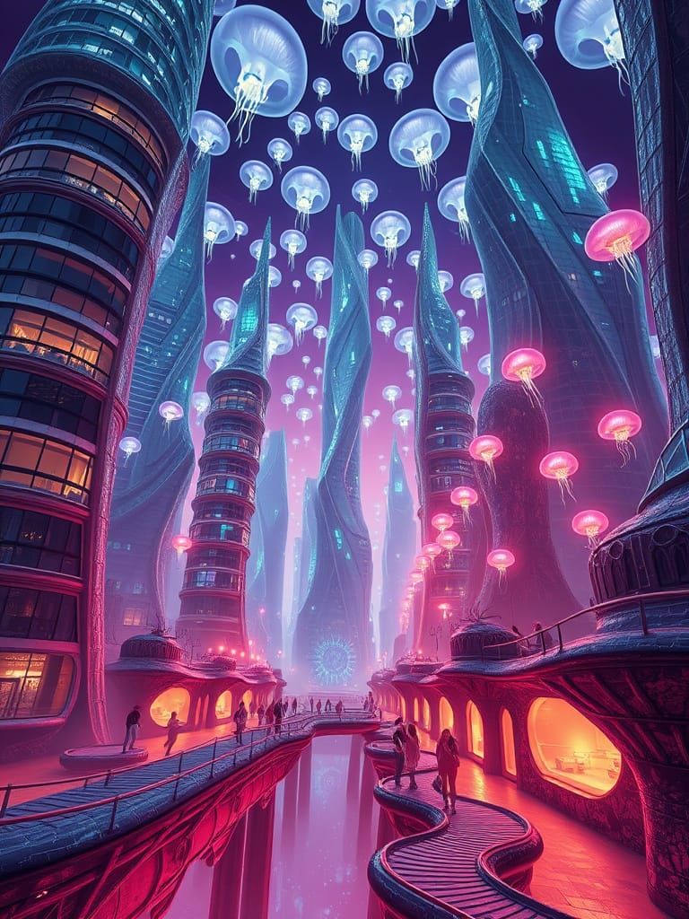 Surreal Metropolis with Organic Skyscrapers and Iridescent L...
