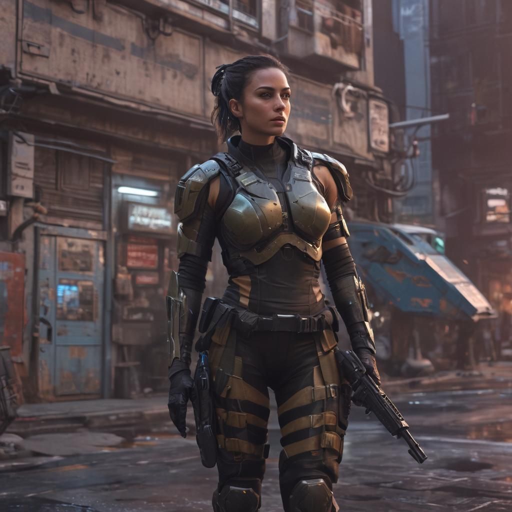 Futuristic Rebel Soldier in Cyberpunk City