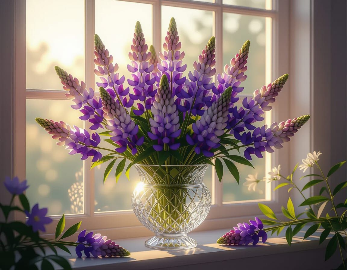 Lush Lupines in Crystal Vase Bathed in Dawn Light