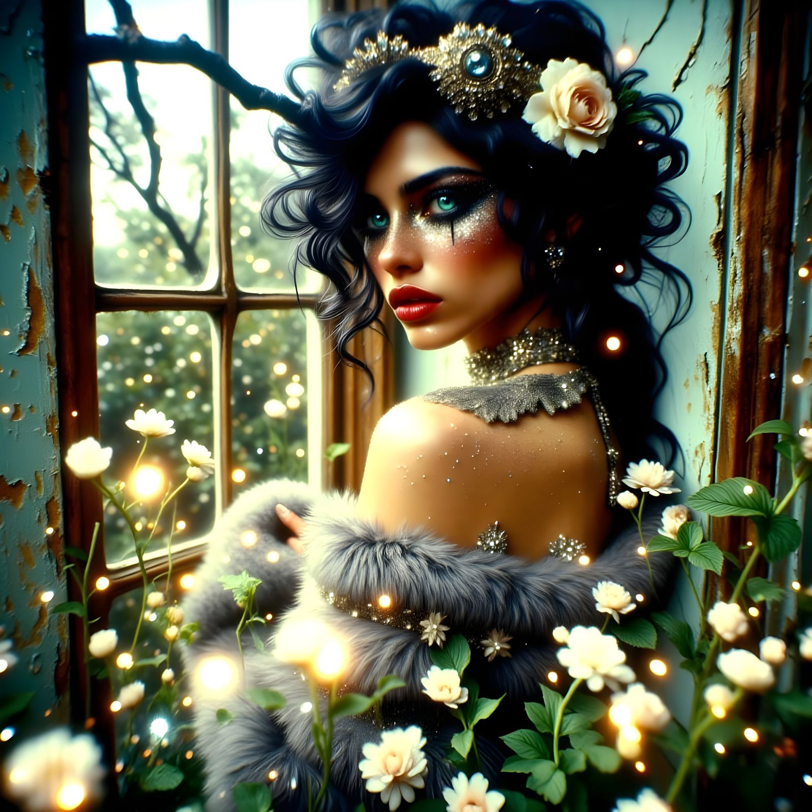 Elegant Woman in Whimsical Garden Setting