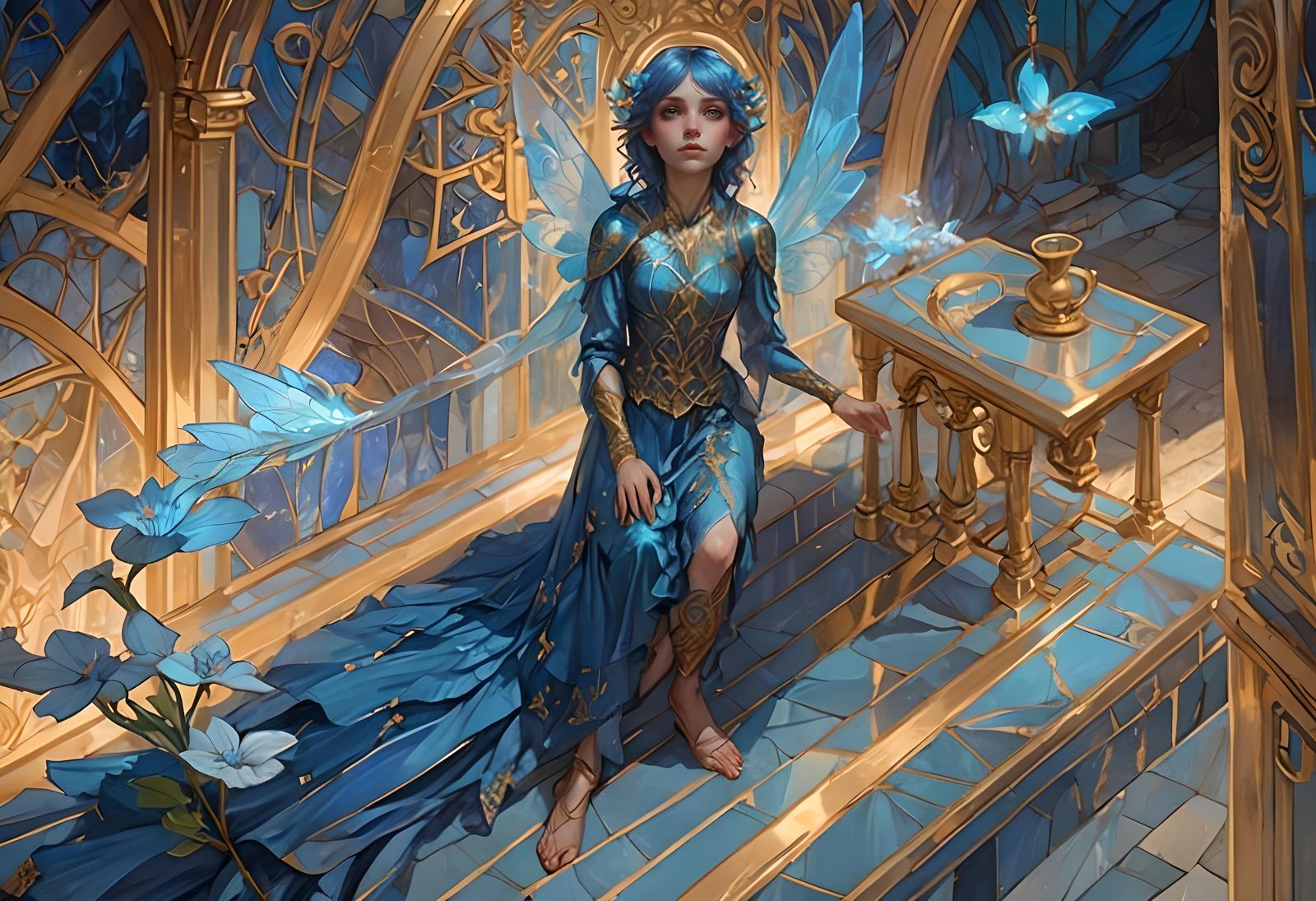 Blue Fairy Portrait in Art Nouveau Style