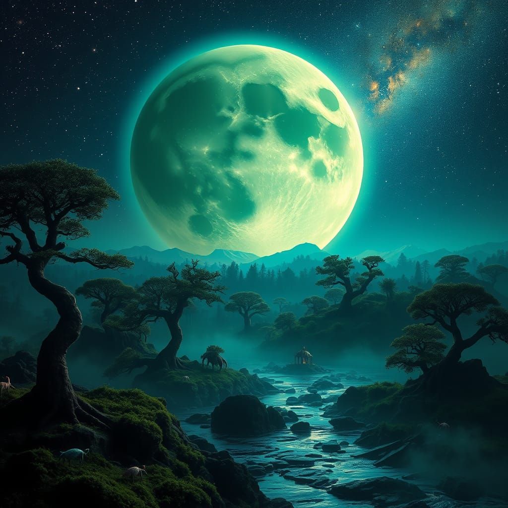 Surreal Cosmic Landscape Under a Star-Filled Sky